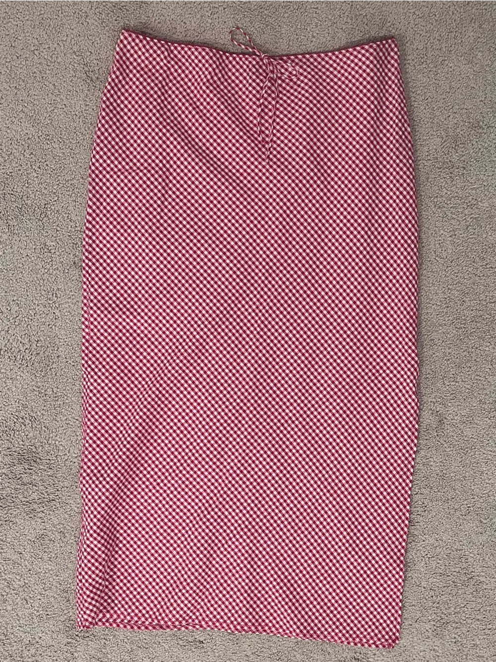 Red Gingham Low Waist Maxi Skirt w/ Side Slit & Picot Trim Picnic Blanket Check